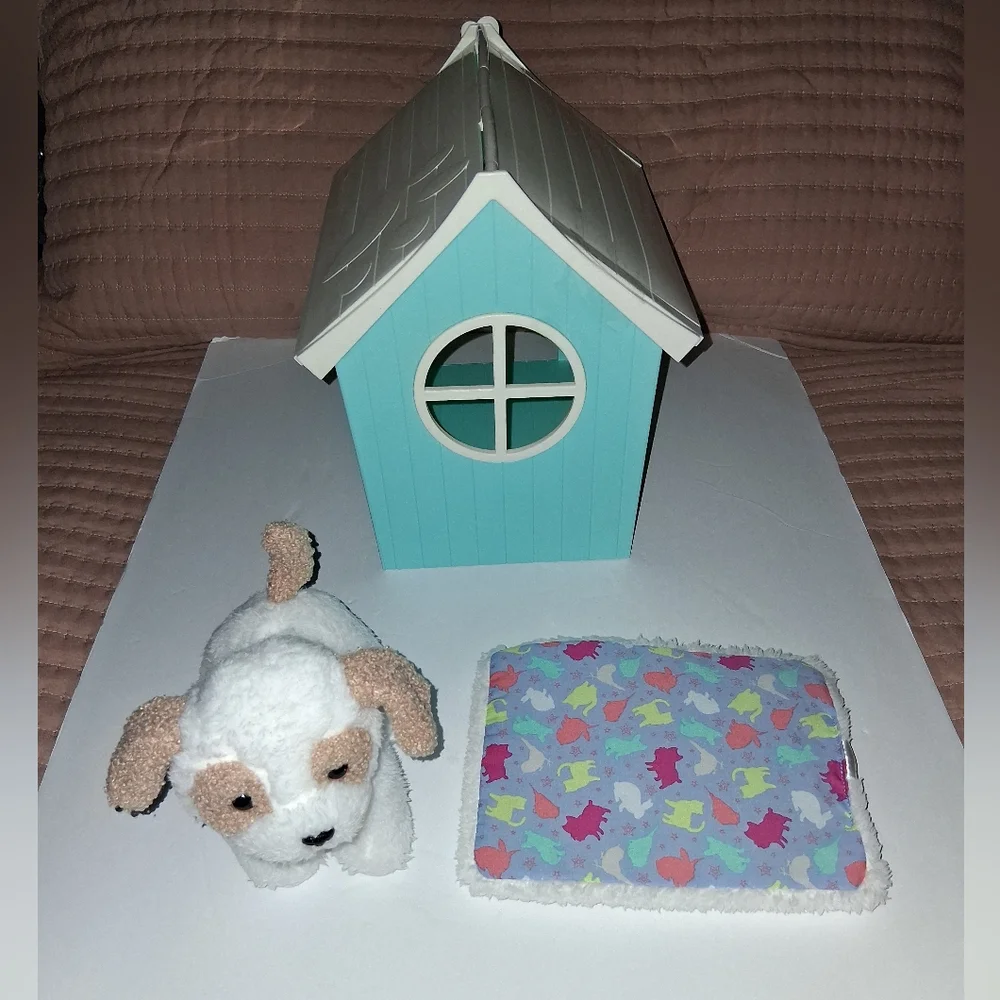 Our Generation Aqua and White Dog House Set with Plush Toy Pre-owned Good Condit